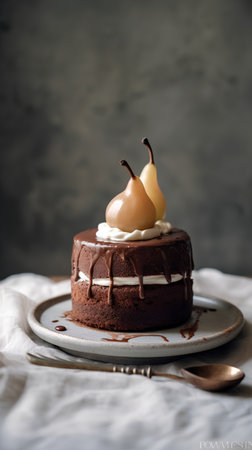 Chocolate cake with pears and whipped cream on a dark backgroundの素材