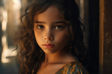 Portrait of a beautiful young girl with long curly hair looking at camera.の素材