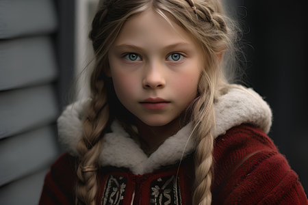 Portrait of a beautiful little girl with braids in a red sweater.の素材