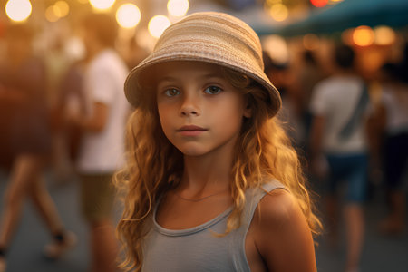 Portrait of a cute little girl in a hat on the street.の素材