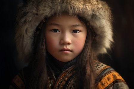 Portrait of a beautiful little girl in a fur hat and jacketの素材