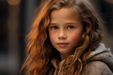 Portrait of a beautiful little girl with long curly hair in a gray coatの素材