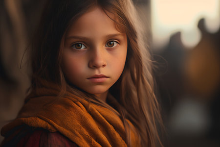 Portrait of a beautiful little girl with long hair in a brown coat.の素材