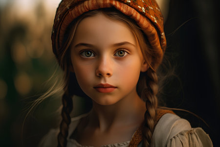 Portrait of a beautiful little girl in a hat with braids.の素材