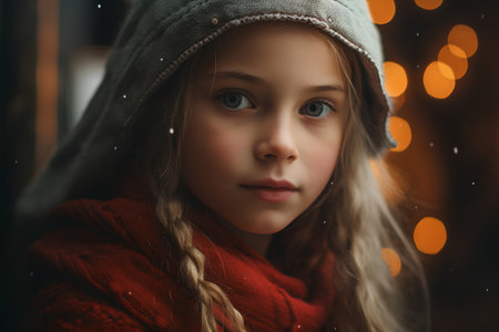 portrait of a beautiful little girl in a warm red sweater and a hatの素材
