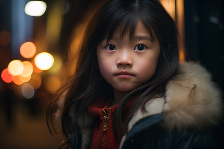 Portrait of little asian girl in the city at night.の素材