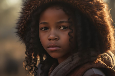 Portrait of a beautiful young african american woman with afro hairstyle wearing winter clothes.の素材