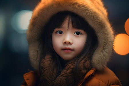 Portrait of a beautiful asian little girl in a warm winter coatの素材