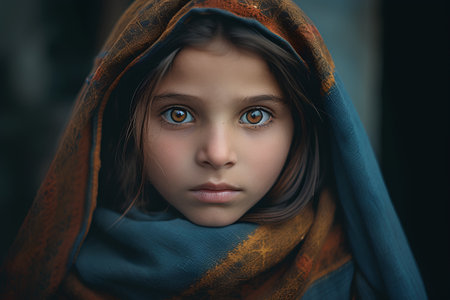 Portrait of a little girl with a blue scarf on her headの素材