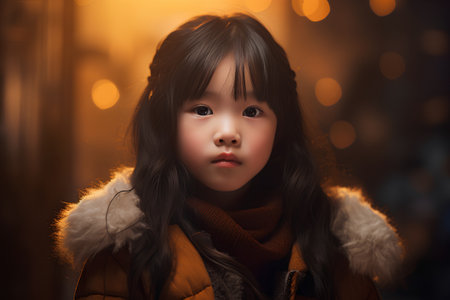 Portrait of a cute asian little girl in winter clothes.の素材