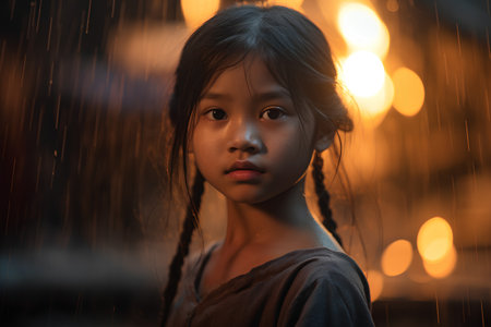 Portrait of asian little girl in the rain on dark backgroundの素材