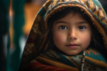 Portrait of a little girl in a warm sweater and scarf.の素材