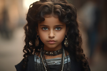 Portrait of a beautiful young woman with curly hair and jewelry.の素材