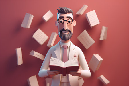 3d illustration of a man reading a book with books around himの素材