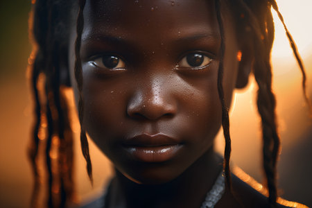 Close-up portrait of a beautiful young African woman with braids.の素材