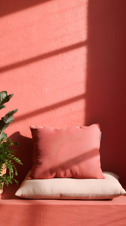 Pink pillows on a red wall with a plant in a potの素材