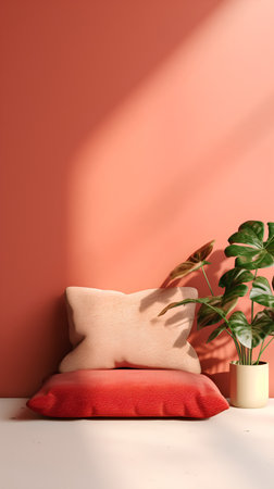 Minimalist interior design with a red sofa and a plant. 3d renderの素材
