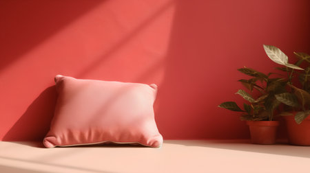 Pink pillow on a red wall with a plant in a pot.の素材