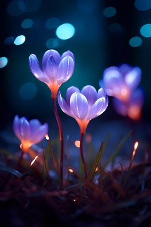 Purple crocus flowers blooming in the forest at night with bokehの素材