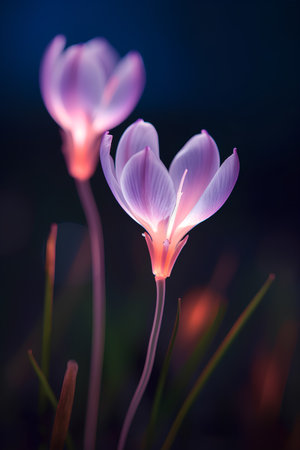 Beautiful purple crocus flowers on a dark background. Soft focus.の素材