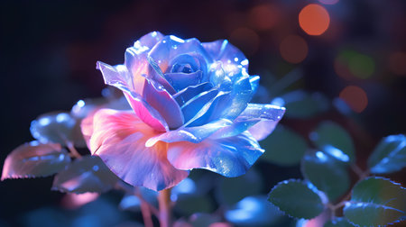 Blue rose with dew drops on a dark background. Beautiful floral background.の素材
