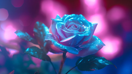 Beautiful blue rose with dew drops on bokeh backgroundの素材