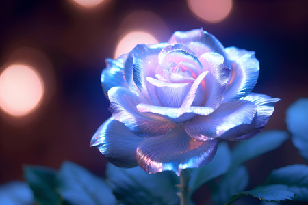 Beautiful blue rose on a dark background with bokeh.の素材