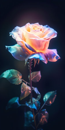 Beautiful colorful rose flower on dark background, retro toned imageの素材