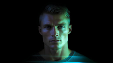Portrait of a handsome young man in neon light on a black backgroundの素材