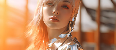 Portrait of a beautiful girl in foil. Portrait of an attractive woman.の素材