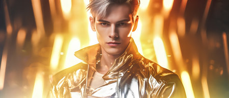 Portrait of a handsome young man in a golden jacket. Men's beauty, fashion.の素材