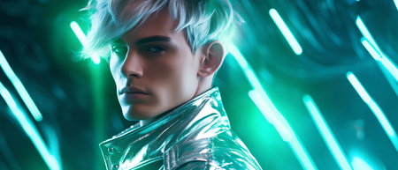 Portrait of a handsome young man with short blond hair in a black leather jacket.の素材