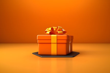 Gift box with bow on orange background. 3D rendering.の素材