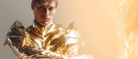 Portrait of a beautiful young man in a golden armor. Fashion shot.の素材