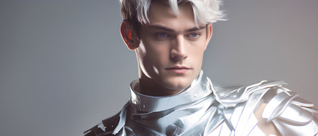 Portrait of a handsome young man in armor. Studio shot.の素材