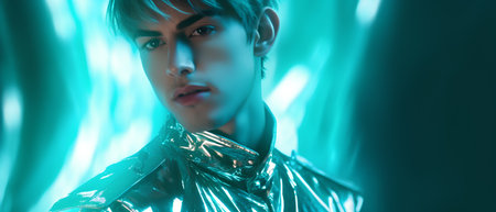 Futuristic portrait of a beautiful young woman in a silver suit.の素材