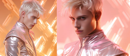 Fashion portrait of a handsome young man with blond hair in a shiny gold jacket. Men's beauty, fashion.の素材
