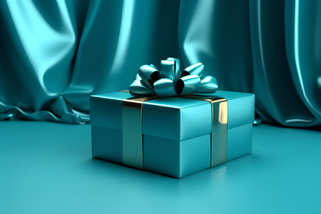 Gift box on blue satin background. 3D rendering.の素材