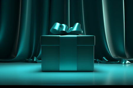 Present box with bow and ribbon on stage background. 3D renderingの素材