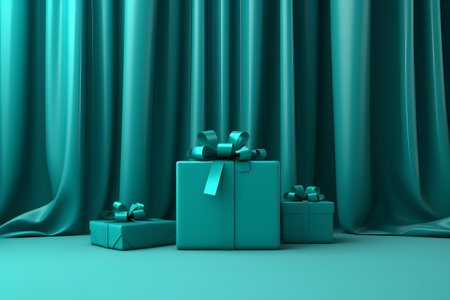 Gift boxes on a green curtain background. 3D rendering.の素材
