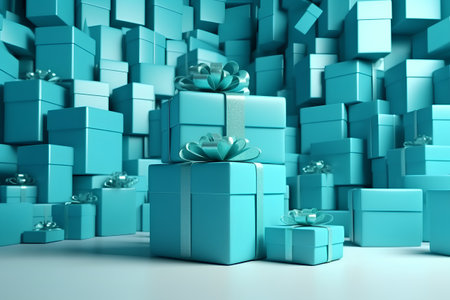 Blue gift boxes with ribbons on white background. 3d renderの素材