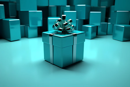 3d illustration of green gift box over blue background with christmas presentsの素材