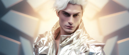 Fashion shot of a futuristic woman in silver. 3d rendering.の素材