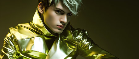 Fashion shot of a futuristic young man in a golden suit.の素材