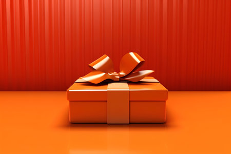Orange gift box with bow on orange background. 3D illustration.の素材