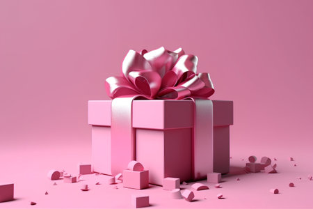 Pink gift box with pink bow and confetti. 3D renderingの素材