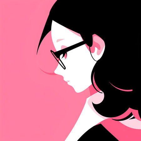 Vector illustration of a girl with glasses on a pink background. Side view.の素材