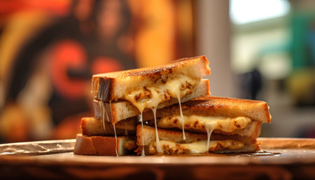 Toasted bread with melted cheese on wooden board. Breakfast concept.の素材