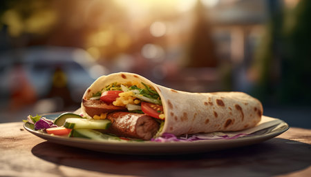 Tortilla wrap with fresh vegetables on a plate. Toned image.の素材