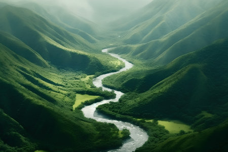 Mountain landscape with a river flowing between the hills 3d renderの素材